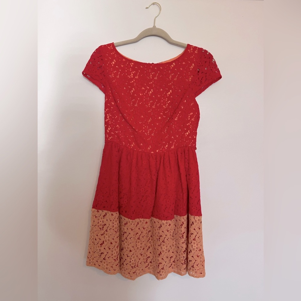 Kensie Red & Orange Colorblock Lace Dress